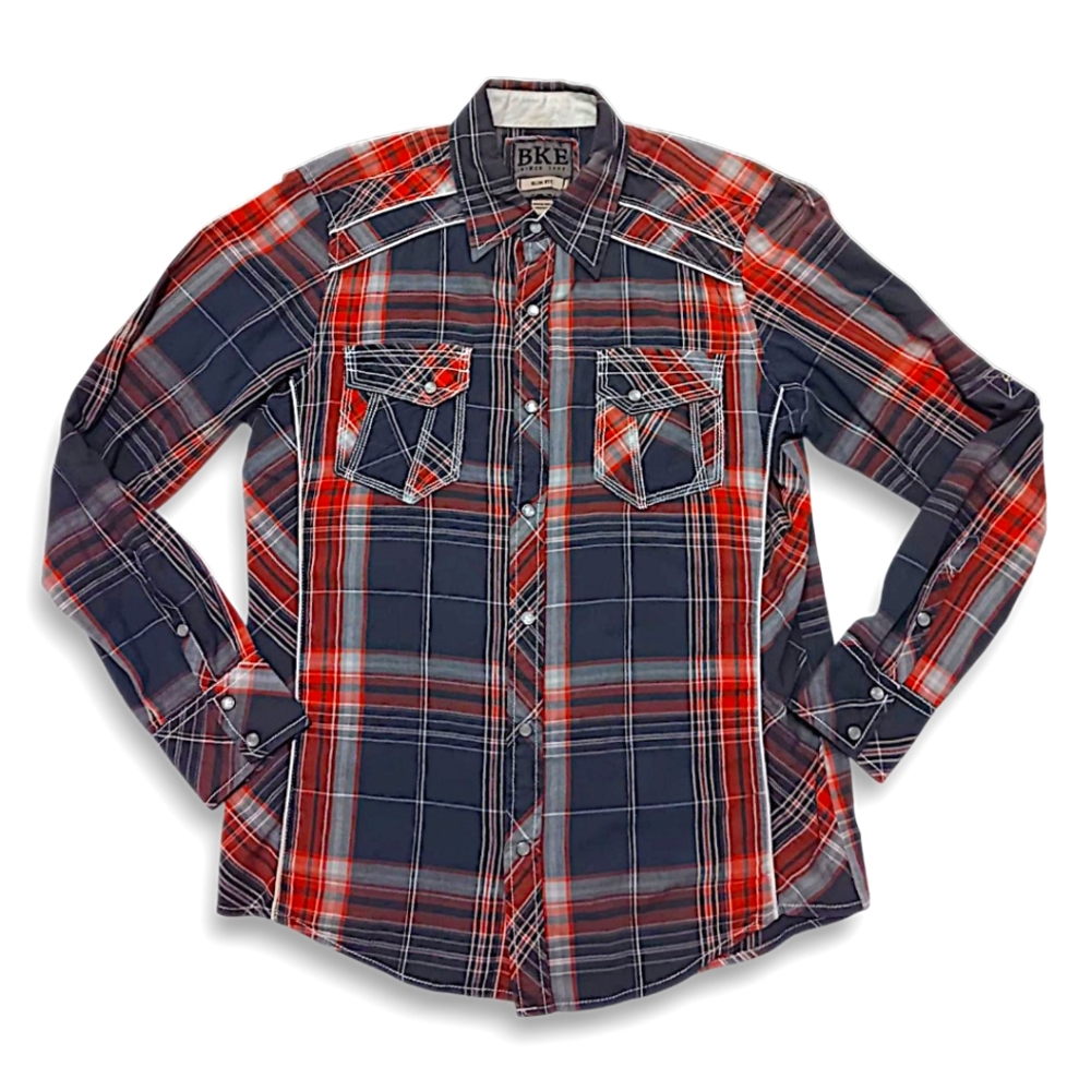BKE Buckle Men’s Medium Plaid Button Up Shirt Slim Fit Snap Western Blue Orange